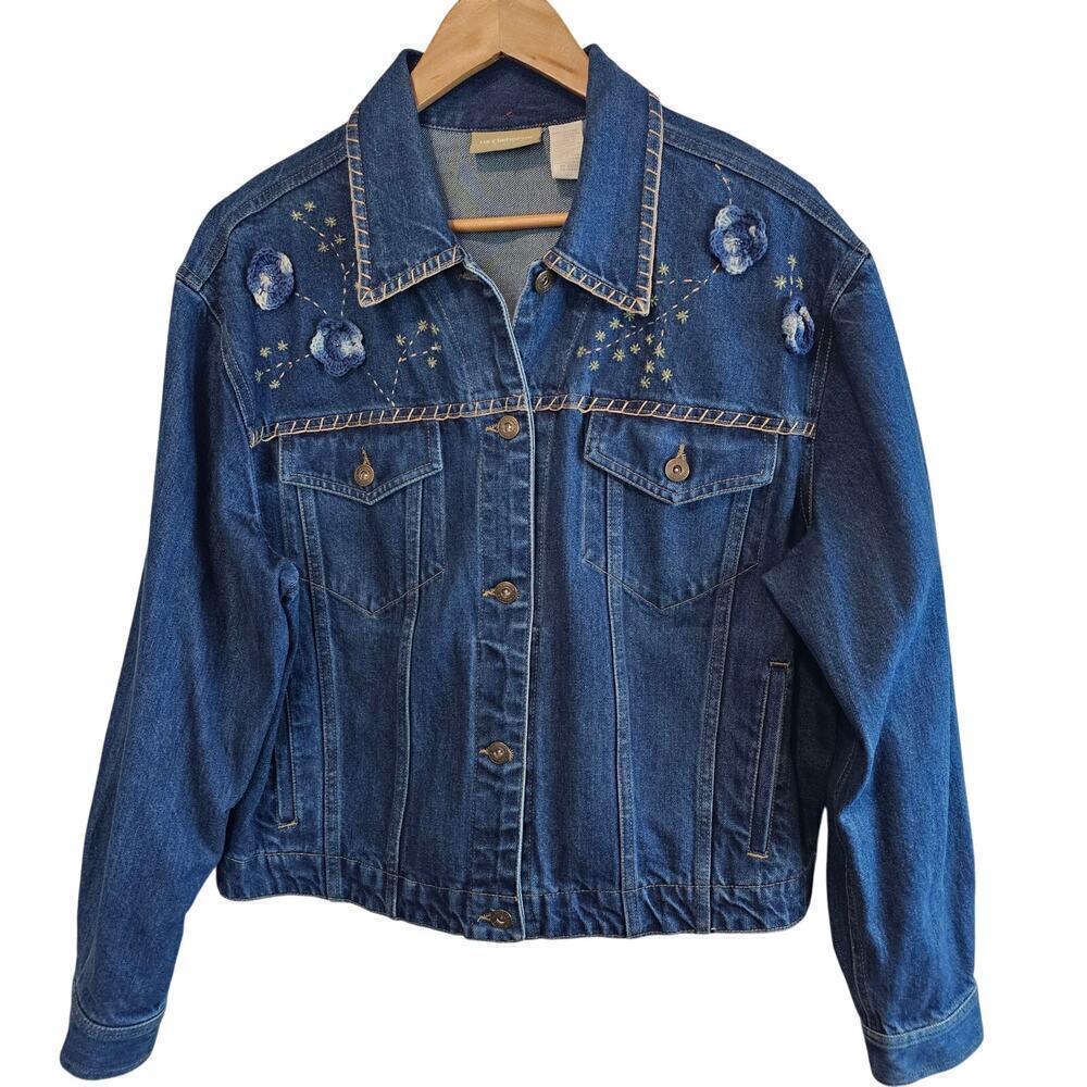 Liz Claiborne Vintage Denim Jacket Womens Large Embroidered Y2K Floral Boho Mom